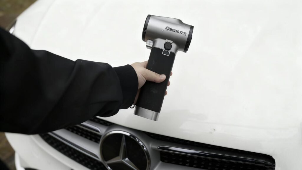 Holding a Booster TF64A2 Air Blower in front of the car’s hood.