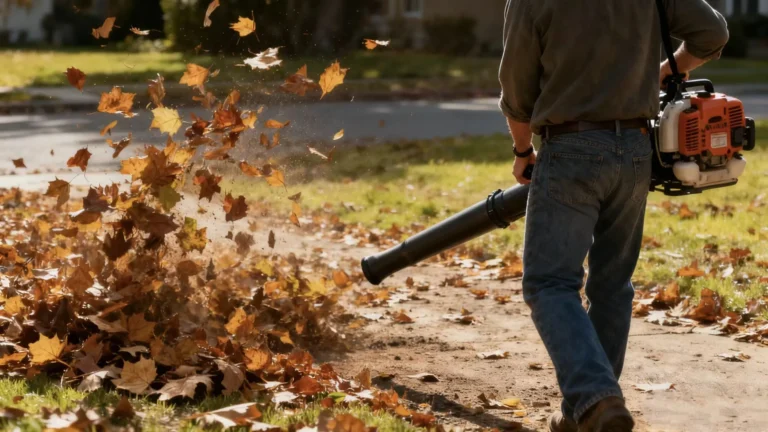 A rear view of a man holding an air blower, blowing fallen leaves.