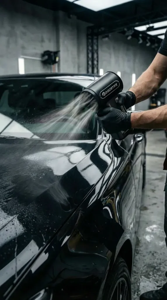 An American man uses an air blower to blow water off the surface of a car.