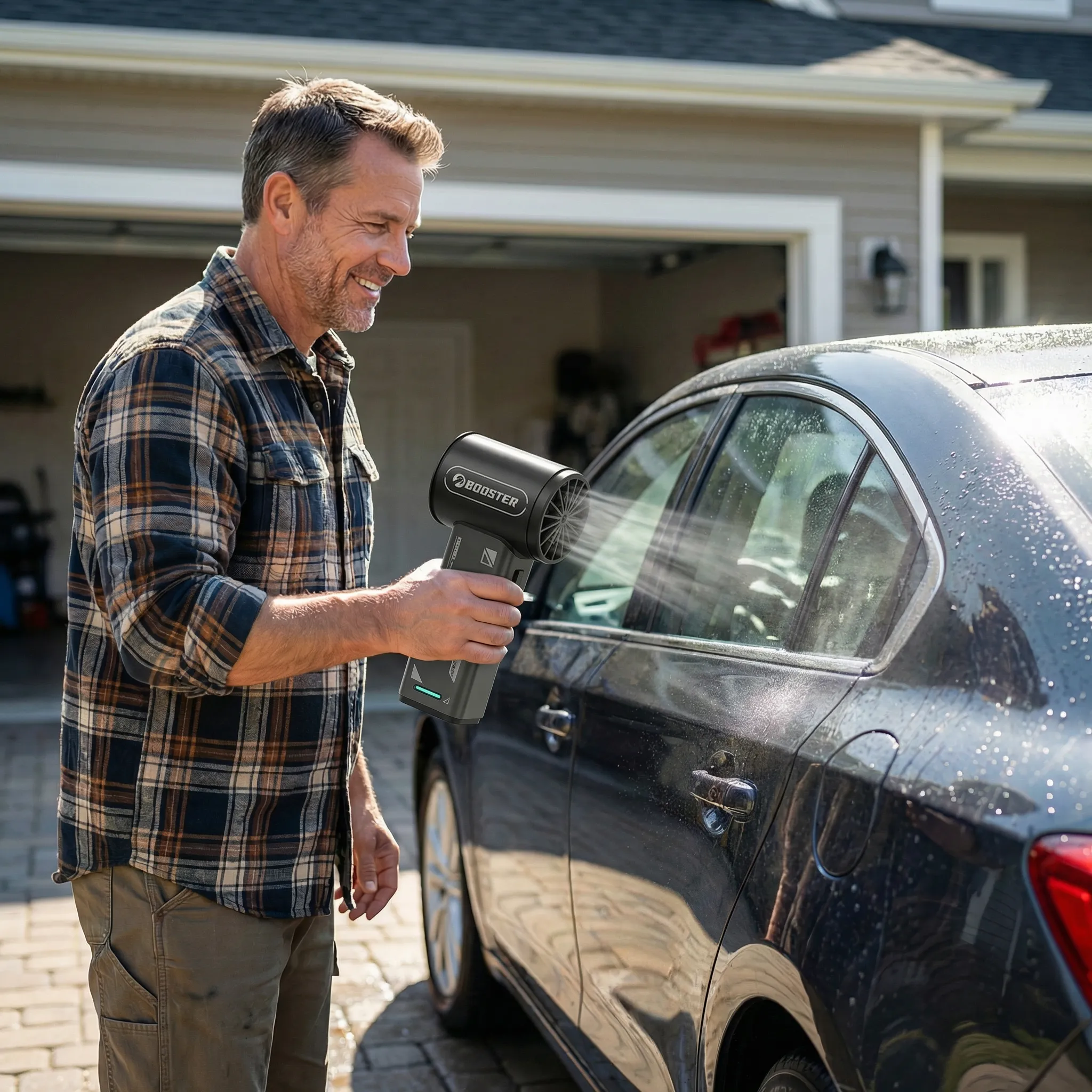 An American man uses an air blower to blow water off the surface of a car.