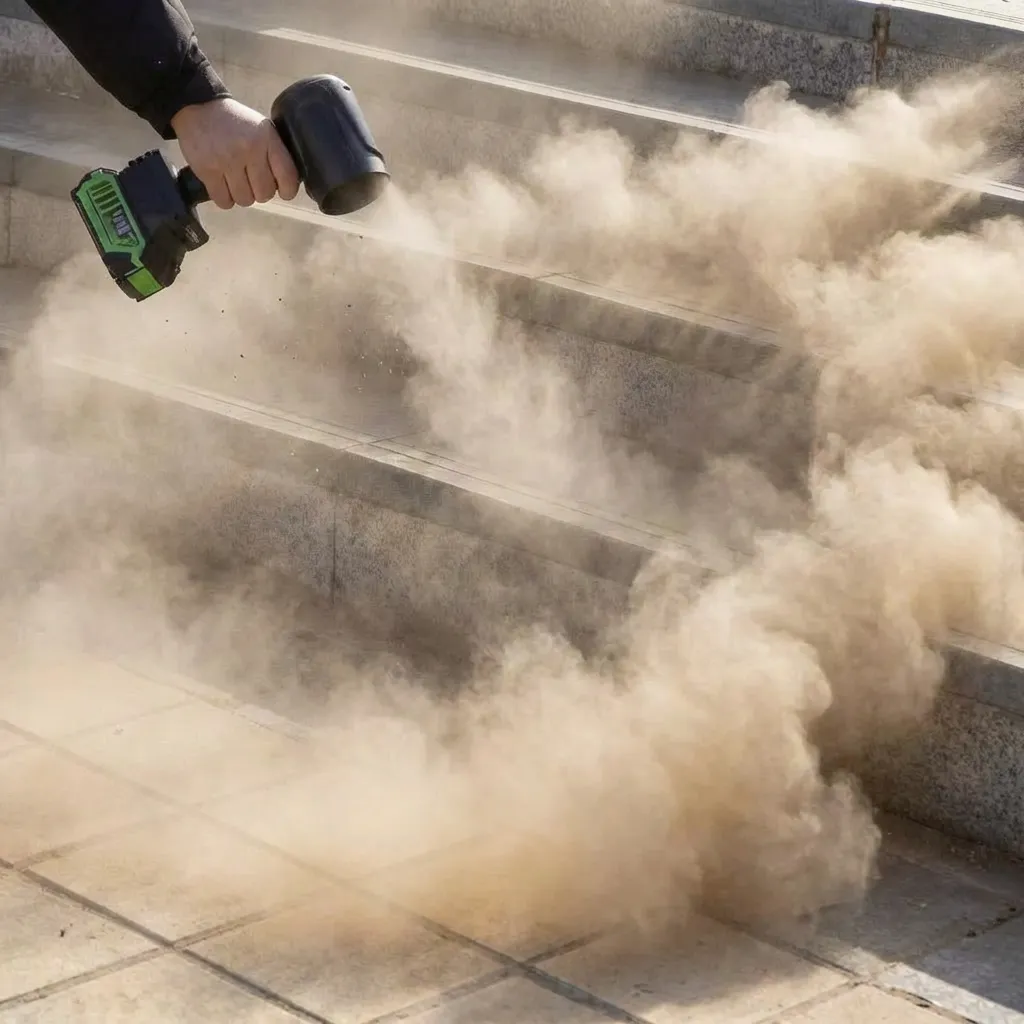 Someone is using a booster air blower to blow snow off the car.